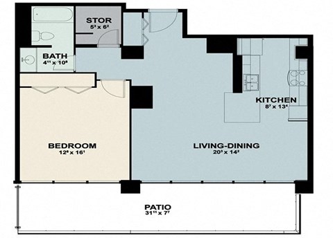 the floor plan of a small house with a bedroom and a living room